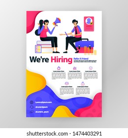 We're hiring employees business poster with flat cartoon illustration. Job interview flyer pamphlet brochure magazine cover design layout space for promotion marketing, vector print template A4 size