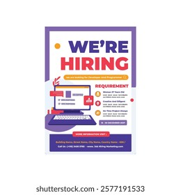 We're hiring employees business poster with flat cartoon illustration. Job interview flyer pamphlet brochure magazine cover design layout space for promotion marketing, vector print template A4 size