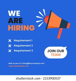 We're hiring. Flat vector illustration on blue background. Job opening and recruitment. Send your resume