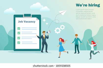 We're hiring and job recruitment concept. Man holding megaphone announce for job vacancy position with man and woman feeling happy when hiring. Vector .