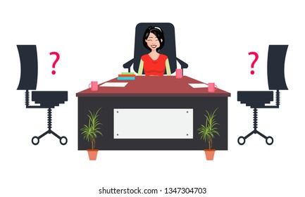 We're hiring and join our team concept: Business woman are hiring new staff. Vacant place in an office. Flat vector illustration. - Vector