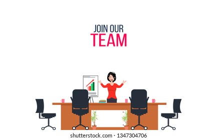 We're hiring and join our team concept: Business woman are hiring new staff. Vacant place in an office. Flat vector illustration. - Vector