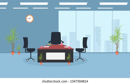 We're hiring and join our team concept with Office interior modern flat vector illustration. Business table with computer monitor and chair. Big window with skyscrapers on background. 