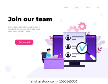 We're hiring join our team Online Recruitment vector illustration concept, man apply cv, reviewing candidates, can use for landing page, template, ui, web, mobile app, poster, banner, flyer