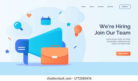 We're Hiring Join Our Team Megaphone Suitcase Icon Campaign For Web Website Home Page Landing Template With Cartoon Style.