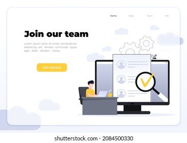 We're hiring join our team Online Recruitment vector illustration concept, man apply cv, reviewing candidates, can use for landing page, template, ui, web, mobile app, poster, banner, flyer