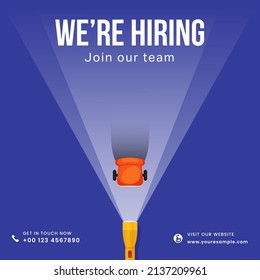 We're Hiring, Join Our Team Poster Or Template Design With Flashlight Focus To Vacant Office Chair On Blue Background.