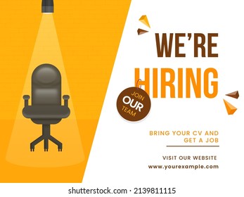 We're Hiring, Join Our Team Concept With Spotlight Focus To Vacant Office Chair On Orange And White Background.