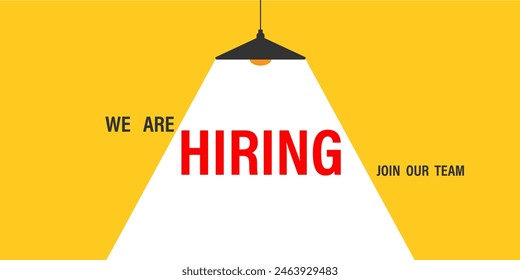 We're Hiring, Join Our Team Concept With Spotlight Focus To red text On yellow And White Background.	