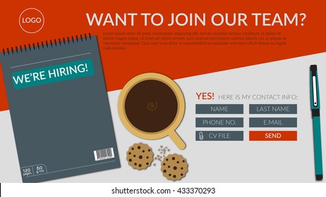 We're hiring join our team landing page banner with a notebook, pen, coffee and cookies flat lay, and registration form with cv attachment button.