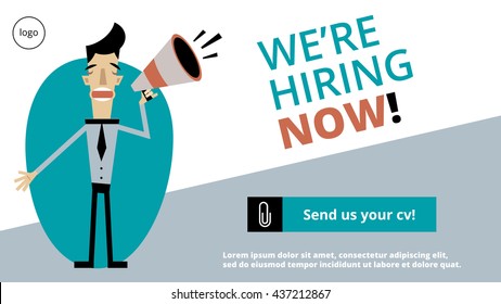 We're hiring now sign, landing page, message, banner with send us your CV button, and a cute businessman shouting into a loudspeaker