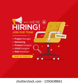 We're hiring with office chair and a sign vacant. Business recruiting design concept. Vector illustration 