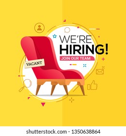 We're hiring with office chair and a sign vacant. Business recruiting design concept. Vector illustration 