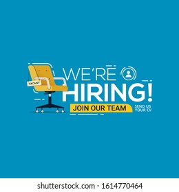 We're hiring with office chair and a sign vacant. Business recruiting design concept. Vector illustration