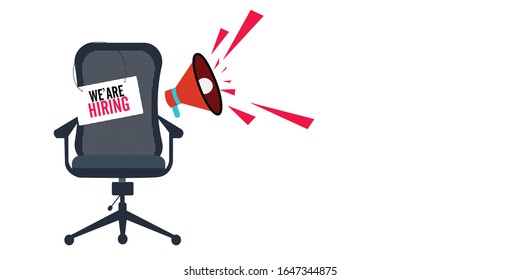 We're hiring with office chair and a sign vacant. Business recruiting design concept. Vector illustration