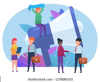 We're hiring, recruitment agency, vacancy, searching for employee concept. People stand near big megaphone. Poster for social media, web page, banner, presentation. Flat design vector illustration