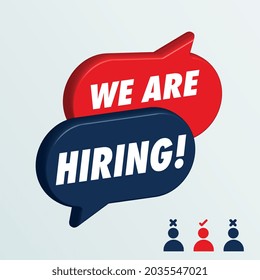 We're hiring red and blue vector banner. Employee vacancy announcement. Illustration isolated. Business recruiting concept.