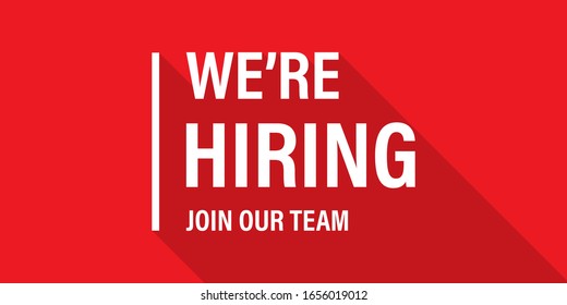 We're hiring red vector banner. Employee vacancy announcement. Illustration isolated. Business recruiting concept. EPS 10