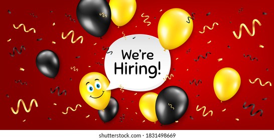 We're hiring symbol. Balloon confetti vector background. Recruitment agency sign. Hire employees symbol. Birthday balloon background. Hiring message. Celebrate red banner. Vector