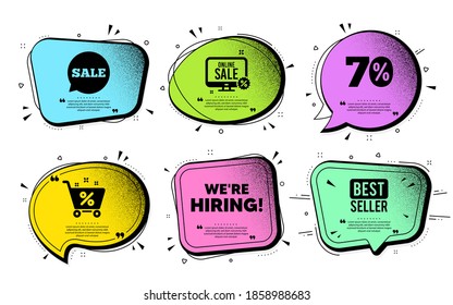 Estamos contratando un símbolo. Burbuja de voz con vector de trabajo cutáneo. Cartel de la agencia de contratación. Símbolo de contratación de empleados. Burbuja del discurso de citas. Vendedor, íconos del carrito de compras. Vector