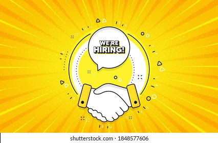 We're hiring symbol. Yellow vector button with handshake. Recruitment agency sign. Hire employees symbol. Hiring line icon. Abstract yellow background. Vector