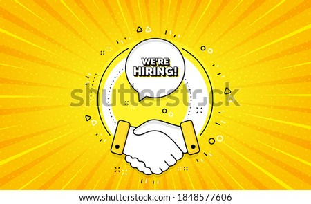 We're hiring symbol. Yellow vector button with handshake. Recruitment agency sign. Hire employees symbol. Hiring line icon. Abstract yellow background. Vector
