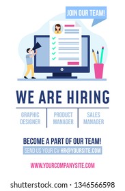 We're Hiring typography design template in flat style. Open vacancy poster or flyer concept in trendy style. Vector recruitment design.