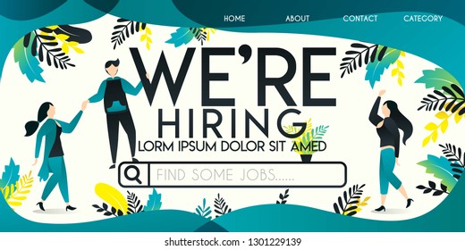 we're hiring vector illustration concept, man who is helping a woman ride on a job search engine with we're hiring word , can use for, landing page, template, ui, web