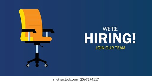 We're hiring. We are hiring. We're hiring join our team announcement banner for social media post, vacant sign on empty office chair. 