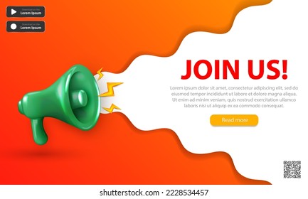 We're hiring web banner with 3d glossy shouting  megaphone, text (join us) and buttons. Orange landing page with realistic green loudspeaker for advertisement, job offering, recruiting, employment