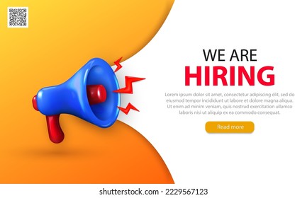 We're hiring web banner with 3d glossy shouting  megaphone, text and buttons. Bright landing page with realistic blue loudspeaker for advertisement, job offering, recruiting, employment
