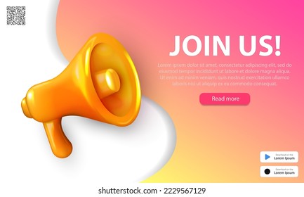 We're hiring web banner with 3d glossy shouting megaphone, text (join us) and buttons. Pink landing page with realistic yellow loudspeaker for advertisement, job offering, recruiting, employment