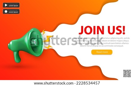 We're hiring web banner with 3d glossy shouting  megaphone, text (join us) and buttons. Orange landing page with realistic green loudspeaker for advertisement, job offering, recruiting, employment