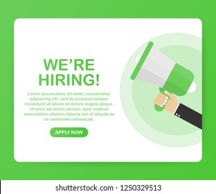 We're Hiring web banner. Megaphone With We are Hiring Speech on green background. Vector stock illustration.