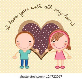we're in love, boy and girl with big heart on beige background