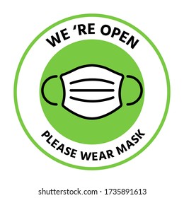 We're open again after quarantine, vector illustration of small business owner. Please wear a face mask to protect from Covid-19, Coronavirus pandemic. Reopening end of covid