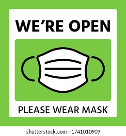We're open again after quarantine, vector illustration of small business owner. Please wear a face mask to protect from Covid-19, Coronavirus pandemic. Reopening end of covid