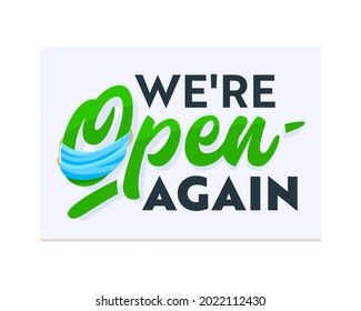 We're Open Again Banner, Information Message, Sign for Store, Shop or Business Company Service. Typography Design Label for Restaurant or Supermarket Isolated on White Background. Vector Illustration