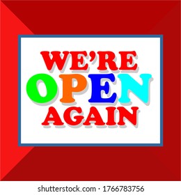 We're open again isolated vector text vintage.Keep calm we are reopening soon text vector vintage made for reopening phase after Covid-19 pandemic.reopen.keep calm. open again.reopening.grand opening.