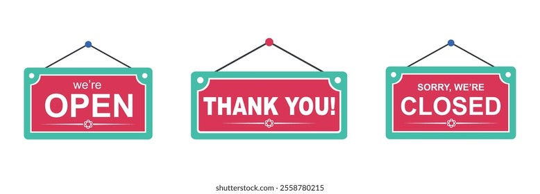 We're open, we're closed and thank you hanging sign boards for shop vector illustration.