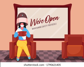 We're Open Maintaining Safety Protocols Message on Wall Board OR Mirror and Woman Wearing Hair Bonnet Dryer at Sofa.
