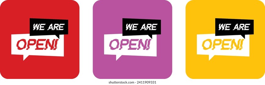 We're open on speech bubble on red, purple and yellow squares background. Vector illustration