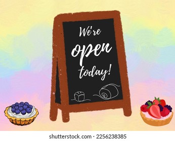 We're Open Sign on the Blackboard with Small Images of Bakery