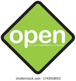 WE'RE OPEN Vector illustration of green sign after quarantine for coronavirus outbreak concept. Please wear a face mask and keep safe social distance to protect from Covid-19