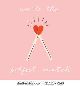 We're perfect match couple matches in heart shape concept. Stylish Valentine's day square greeting card, poster illustration. Pink and red colors. Fun and cool design. Hand drawn doodle cartoon style