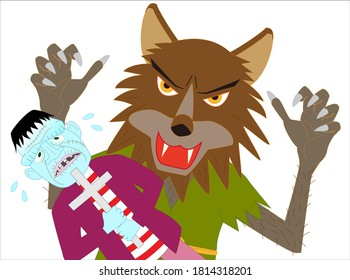 Werewolf attacks a frankenstein on Halloween Day.