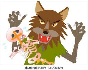 Werwolf greift zu Halloween ein Skelett an.