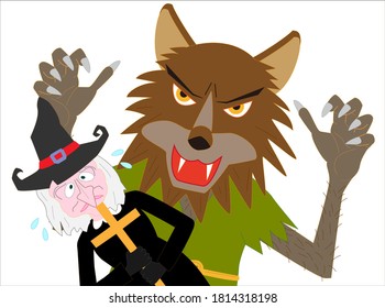 Werewolf attacks a witch on Halloween Day.