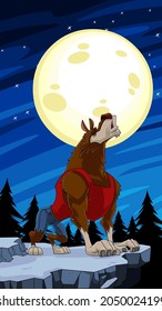 Werewolf Cartoon Character Howling On A Full Moon Night. Vector Hand Drawn Illustration With Landscape  Background