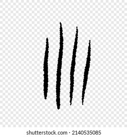 Werewolf, gato o bestia rascan raspado sobre fondo transparente. Cuatro marcas de heridas. Impresión aislada con garra animal salvaje. Señal de monstruo. Ilustración del vector plano del símbolo felino de género.